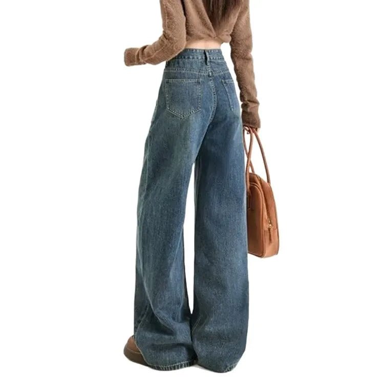 American Retro Narrow Sickle Jeans Women's Spring and Autumn Wide Leg Pants High Waist Straight Loose Mop Pants - Zeprah