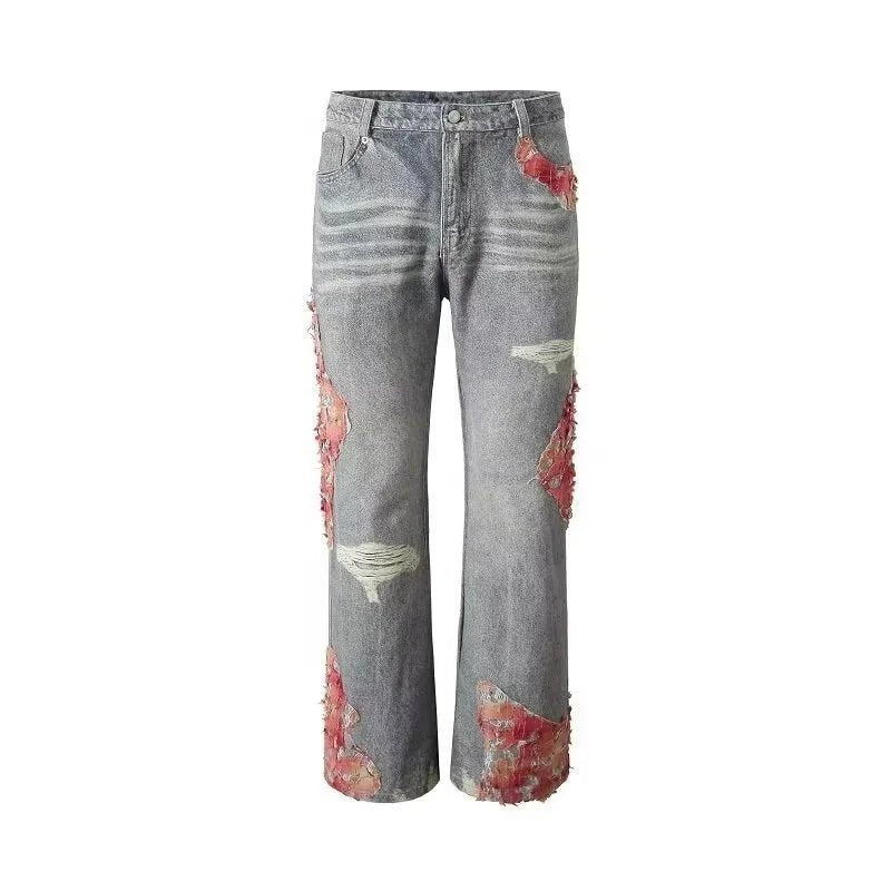 American Streetwear Sunset Lace Patchwork Jeans Men's and Women's Washed Denim Slim Fit Bootcut Casual Pants - Zeprah