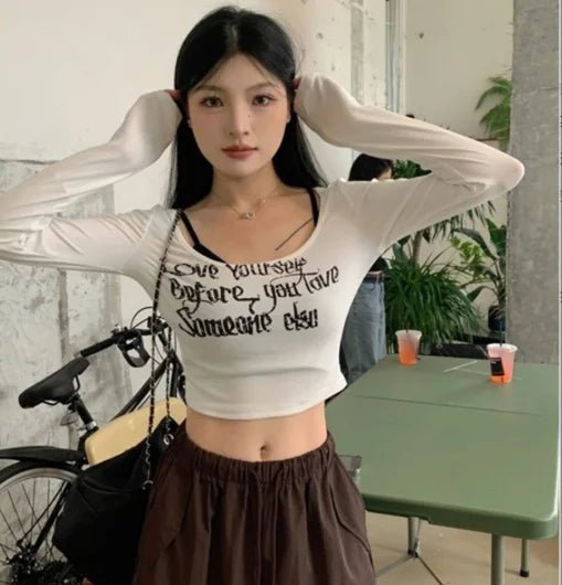 American Style Retro Sweet Spice Girl Sexy Long - sleeved T-shirt Women's Early Autumn New Letter Printed Slim - fit Short Top - Zeprah