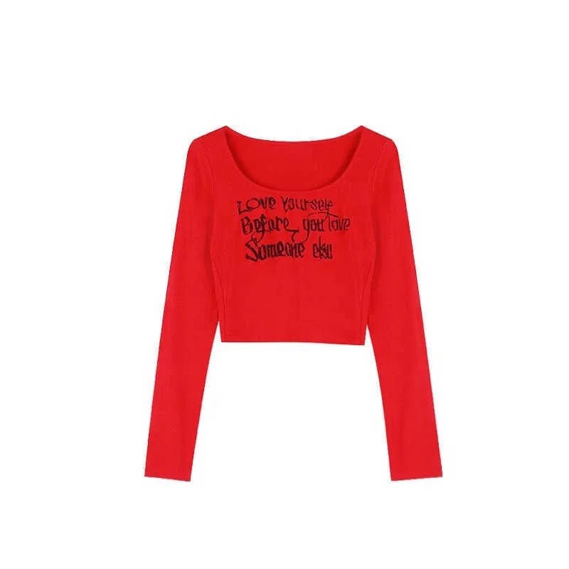 American Style Retro Sweet Spice Girl Sexy Long - sleeved T-shirt Women's Early Autumn New Letter Printed Slim - fit Short Top - Zeprah
