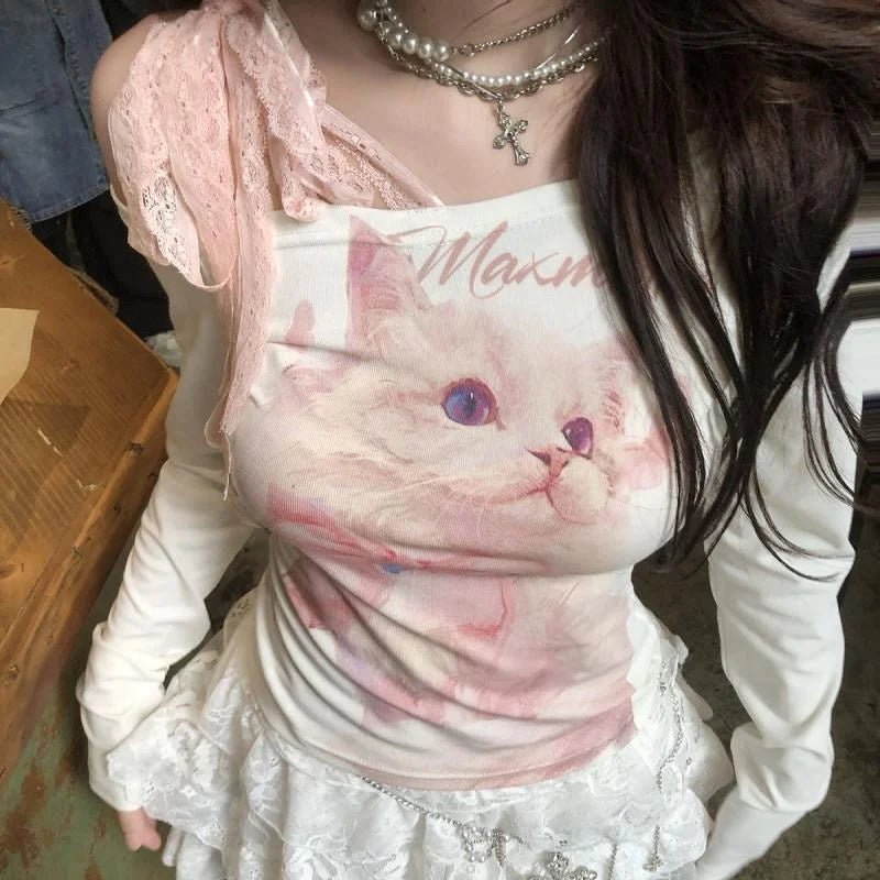 American - style Spicy Cat Y2K One - character Collar Long - sleeved T-shirt Women's Open - shoulder Lace Stitching Trendy Top - Zeprah