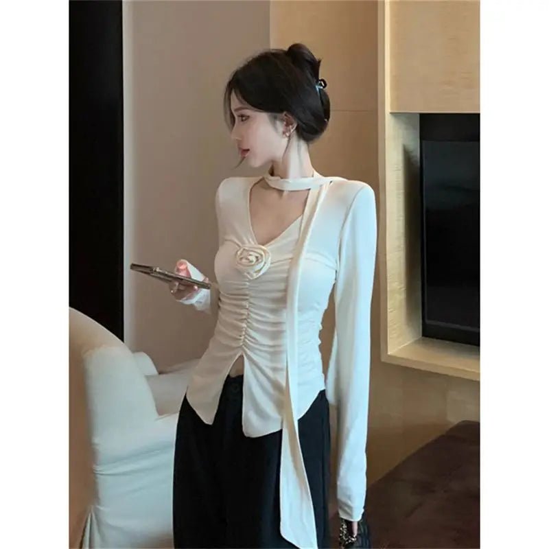 American Style Stitching Pleated Flower V - neck Long - sleeved T-shirt Women's Spring New Sweet and Hot Style Slim - fit Short Top - Zeprah