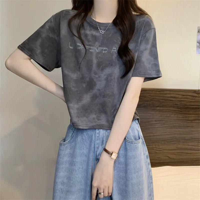 American Style Vintage Tie - Dye Short - Sleeved Letter Printed Loose Women's T-Shirt 2025 Summer Design Sense Short Top - Zeprah