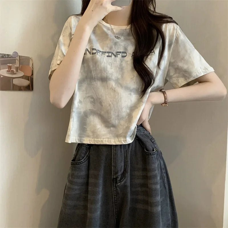 American Style Vintage Tie - Dye Short - Sleeved Letter Printed Loose Women's T-Shirt 2025 Summer Design Sense Short Top - Zeprah