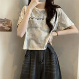 American Style Vintage Tie - Dye Short - Sleeved Letter Printed Loose Women's T-Shirt 2025 Summer Design Sense Short Top - Zeprah