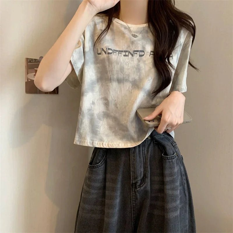 American Style Vintage Tie - Dye Short - Sleeved Letter Printed Loose Women's T-Shirt 2025 Summer Design Sense Short Top - Zeprah