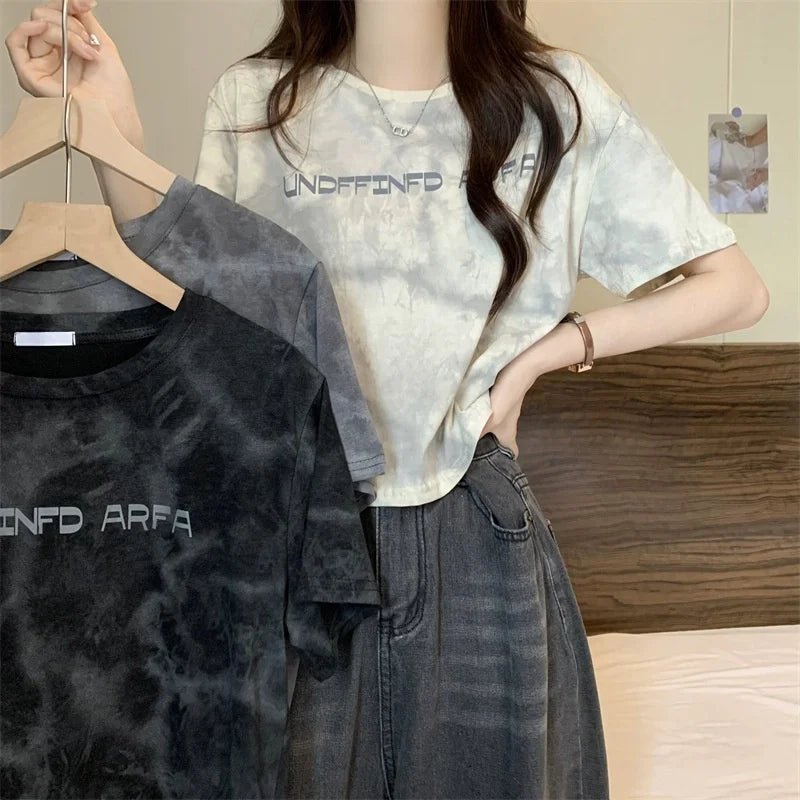 American Style Vintage Tie - Dye Short - Sleeved Letter Printed Loose Women's T-Shirt 2025 Summer Design Sense Short Top - Zeprah