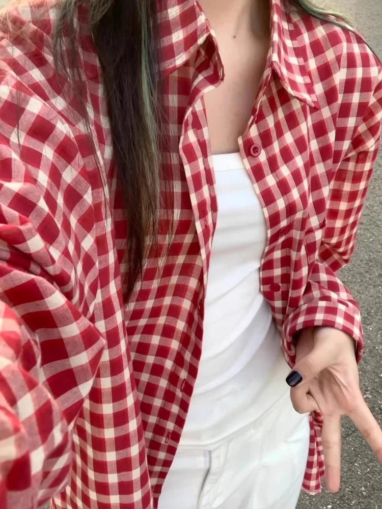 American Vintage Red Plaid Shirt Women Long - Sleeve Early Spring Outer Blouse Lazy Fit Summer Top - Zeprah