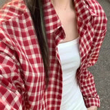American Vintage Red Plaid Shirt Women Long - Sleeve Early Spring Outer Blouse Lazy Fit Summer Top - Zeprah