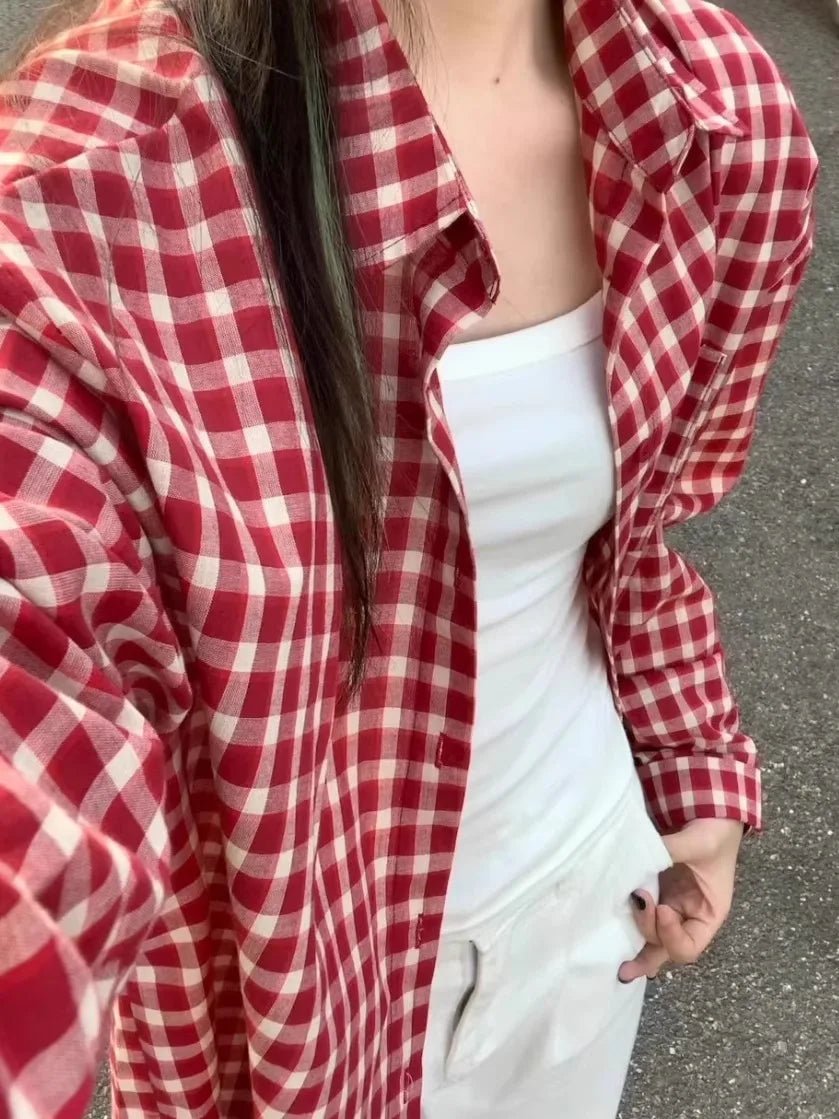 American Vintage Red Plaid Shirt Women Long - Sleeve Early Spring Outer Blouse Lazy Fit Summer Top - Zeprah