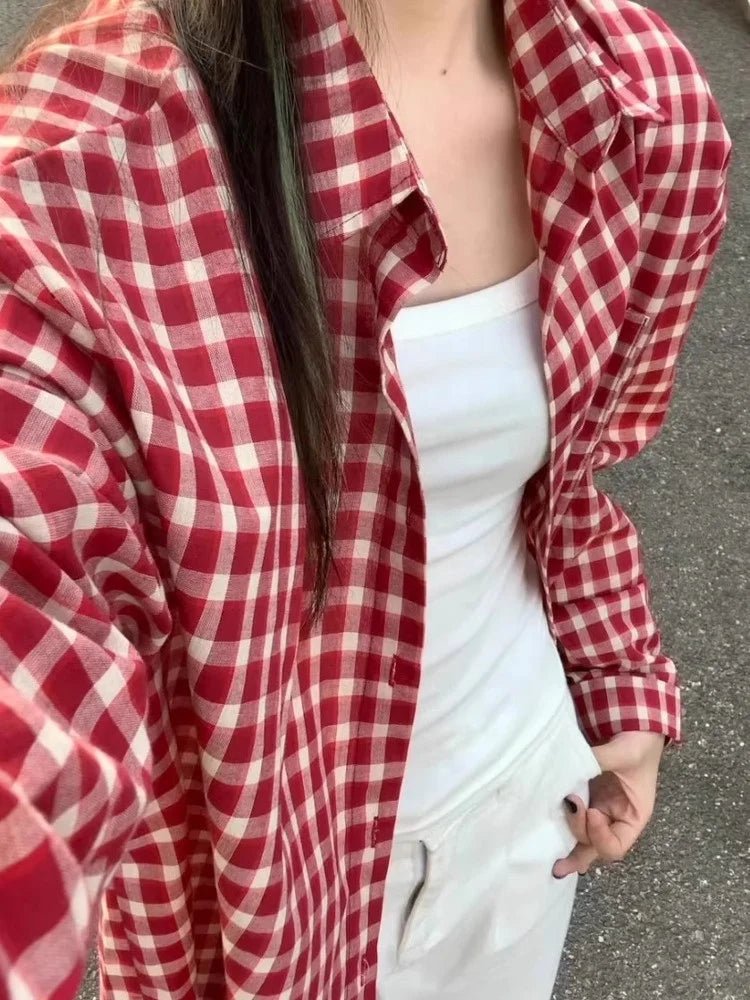 American Vintage Red Plaid Shirt Women Long - Sleeve Early Spring Outer Blouse Lazy Fit Summer Top - Zeprah