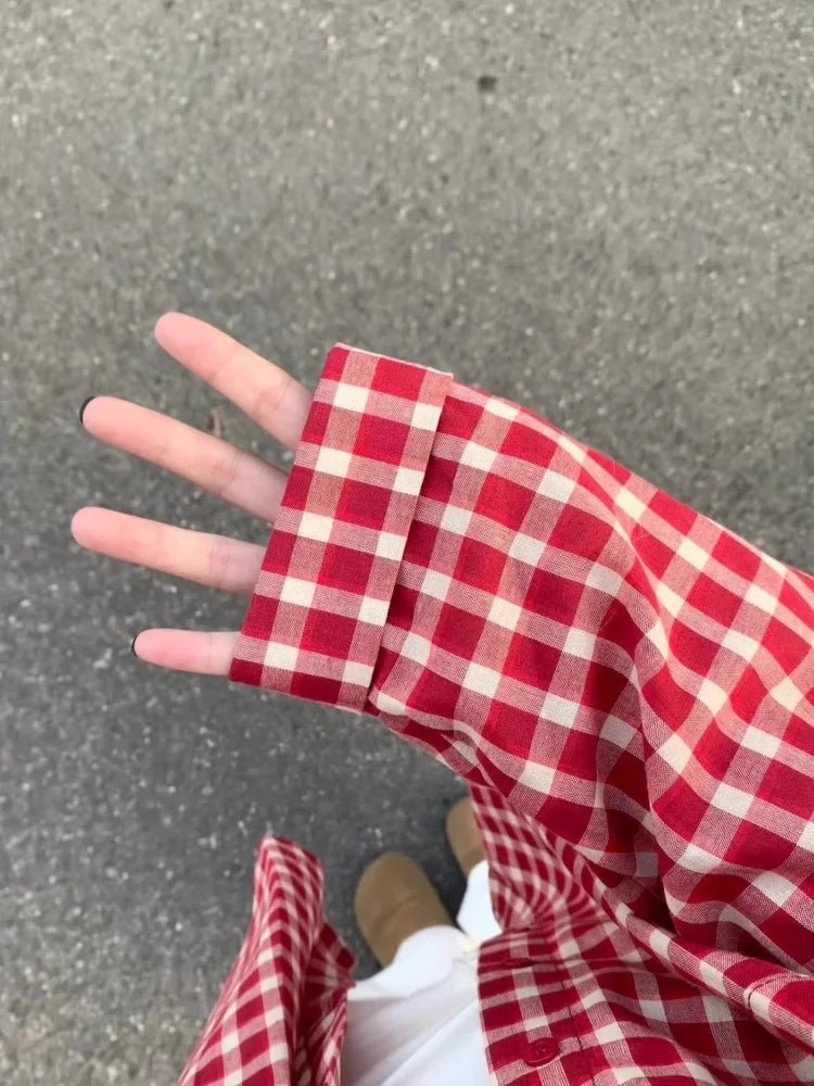 American Vintage Red Plaid Shirt Women Long - Sleeve Early Spring Outer Blouse Lazy Fit Summer Top - Zeprah