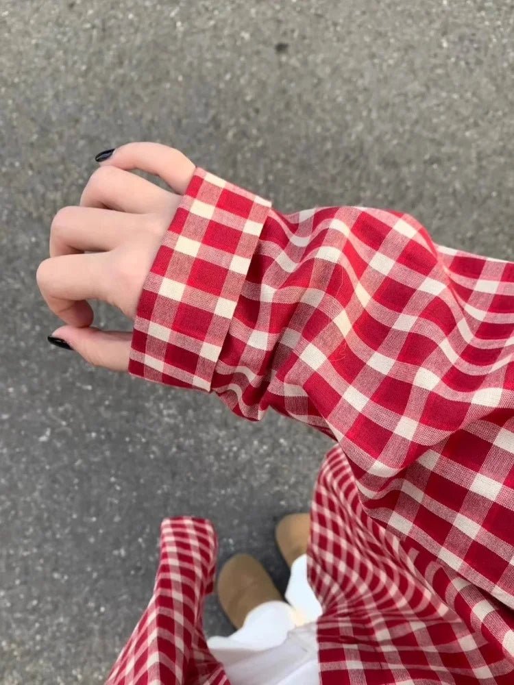 American Vintage Red Plaid Shirt Women Long - Sleeve Early Spring Outer Blouse Lazy Fit Summer Top - Zeprah
