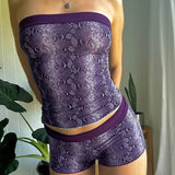 Animal Print Casual Two - Piece Women's Skinny Tube Top Shorts Set Stretchy Knit Sleeveless Eco - Friendly Loungewear - Zeprah