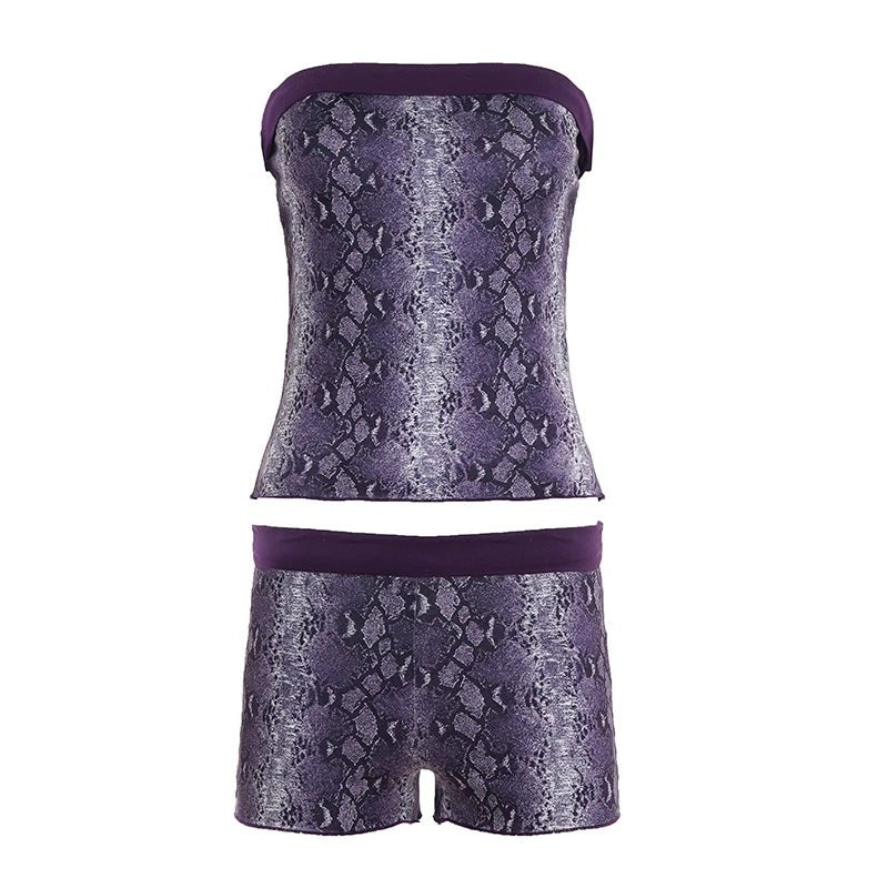 Animal Print Casual Two - Piece Women's Skinny Tube Top Shorts Set Stretchy Knit Sleeveless Eco - Friendly Loungewear - Zeprah