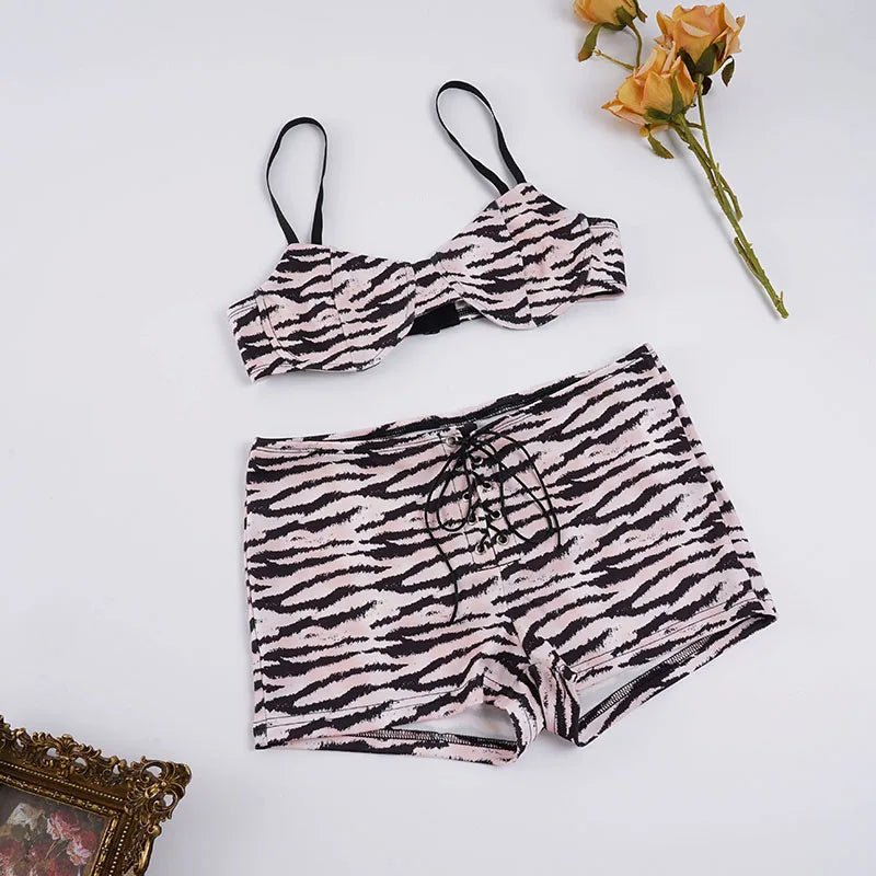 Animal Print Knitting Lace up Collarless Two Piece Set Sexy Bralette and Shorts Corset Tie Side Casual Mini - Zeprah