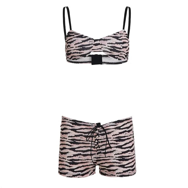 Animal Print Knitting Lace up Collarless Two Piece Set Sexy Bralette and Shorts Corset Tie Side Casual Mini - Zeprah