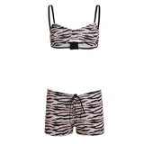 Animal Print Knitting Lace up Collarless Two Piece Set Sexy Bralette and Shorts Corset Tie Side Casual Mini - Zeprah