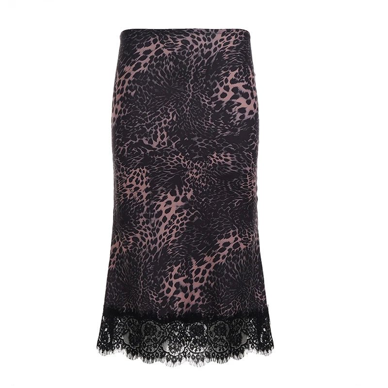 Animal Print Leopard Vintage Women's Natural Waist Wrap A - Line Midi Skirt Lace Trim Spandex/Polyester Anti - Pilling Quick Dry - Zeprah