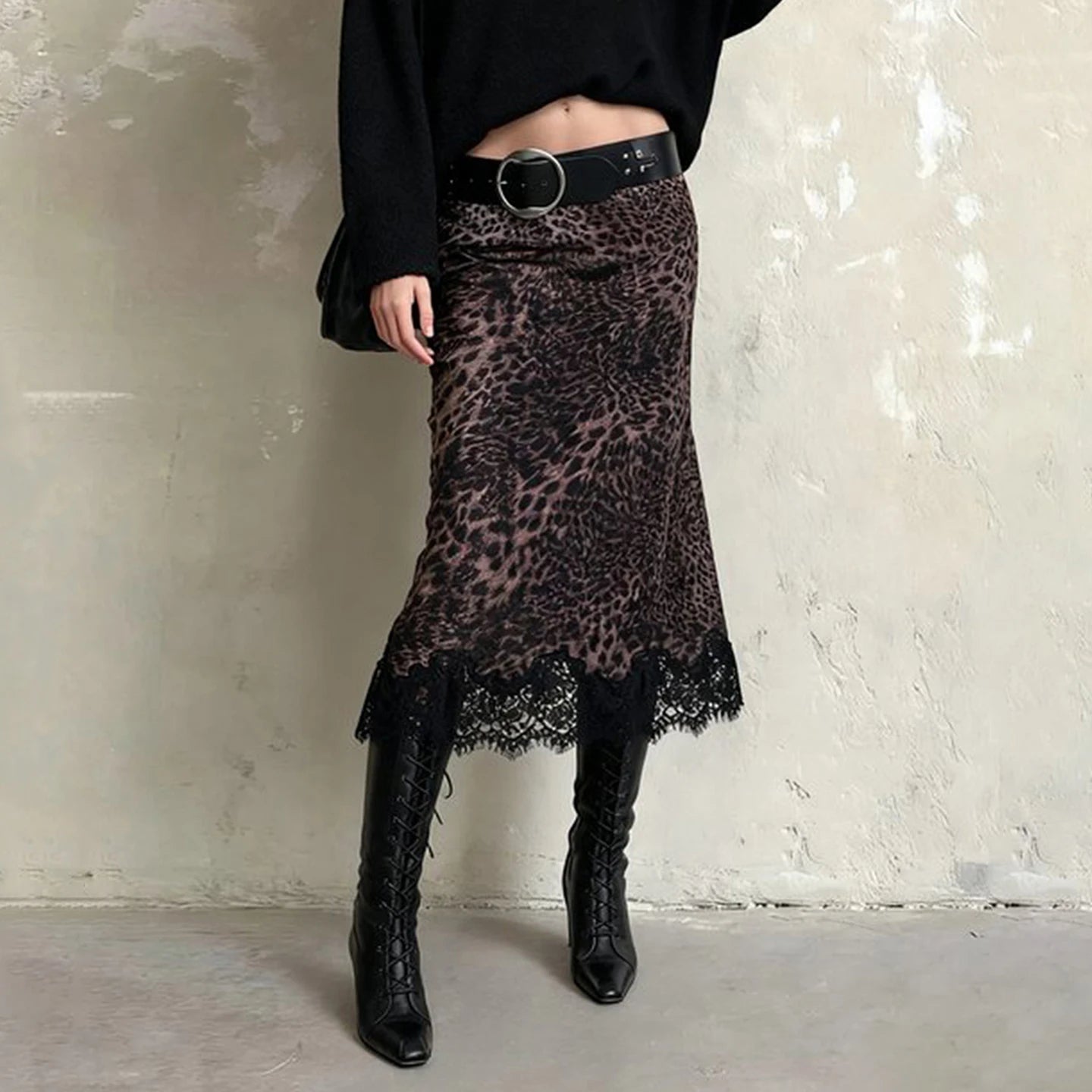 Animal Print Leopard Vintage Women's Natural Waist Wrap A - Line Midi Skirt Lace Trim Spandex/Polyester Anti - Pilling Quick Dry - Zeprah