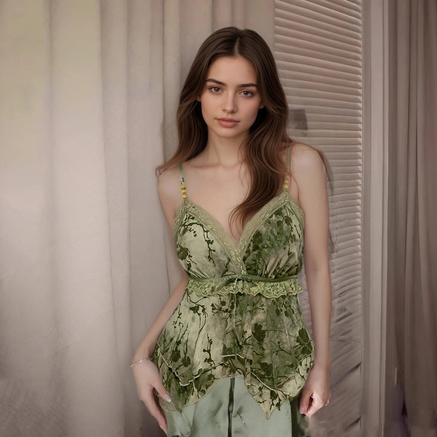 Asymmetric Lace - Up Camisole Sexy V - Neck A - Line Tank Top Floral Knitted Ribbons Hot Sale Women's Vest - Zeprah