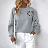 Autumn Casual Elegant Pearl Hollow Flower Pattern Neck Long Sleeve Women's Sweatshirt - Zeprah