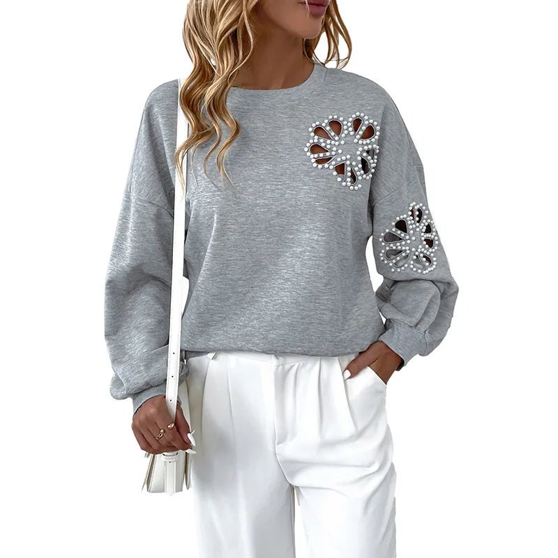 Autumn Casual Elegant Pearl Hollow Flower Pattern Neck Long Sleeve Women's Sweatshirt - Zeprah