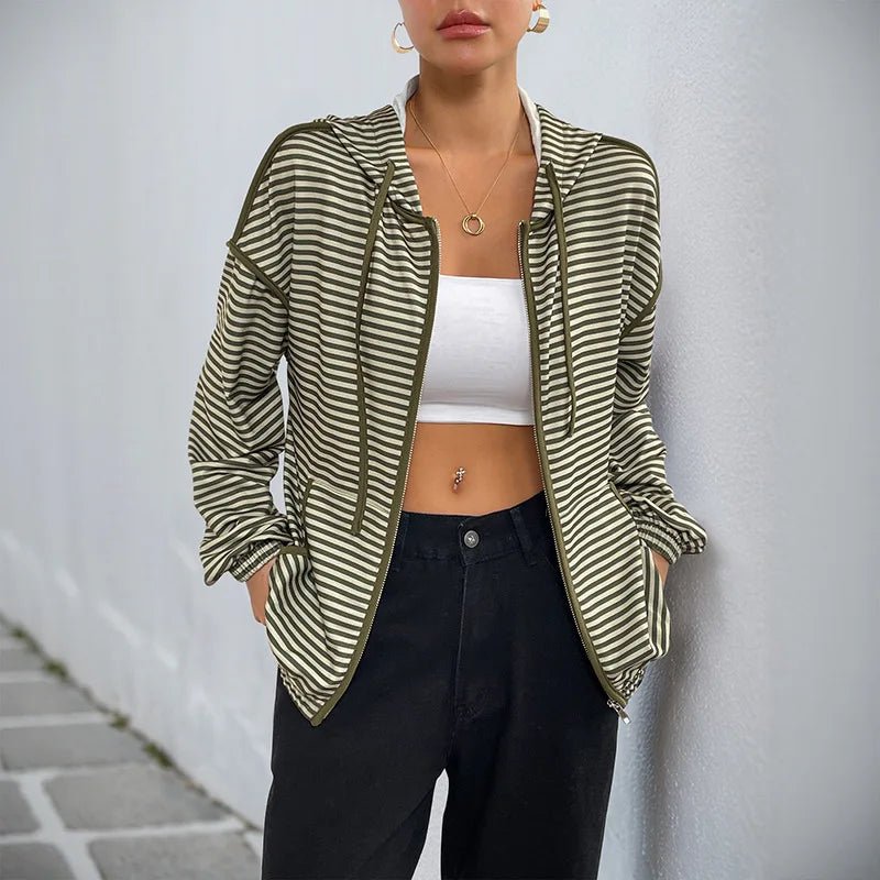 Autumn Commuting Dating Korean Style Lazy Hooded Striped Batwing Sleeve Women's Casual Jacket - Zeprah