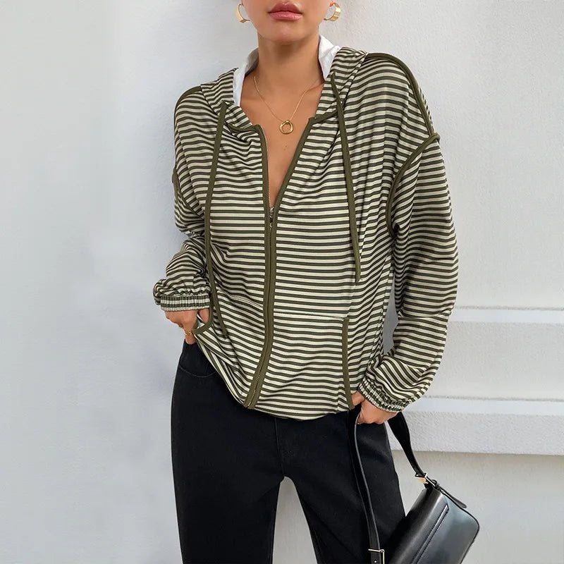 Autumn Commuting Dating Korean Style Lazy Hooded Striped Batwing Sleeve Women's Casual Jacket - Zeprah