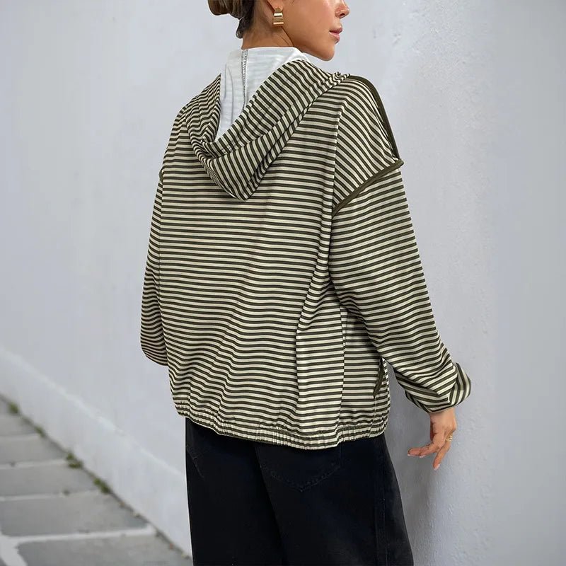 Autumn Commuting Dating Korean Style Lazy Hooded Striped Batwing Sleeve Women's Casual Jacket - Zeprah