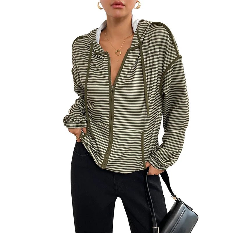 Autumn Commuting Dating Korean Style Lazy Hooded Striped Batwing Sleeve Women's Casual Jacket - Zeprah