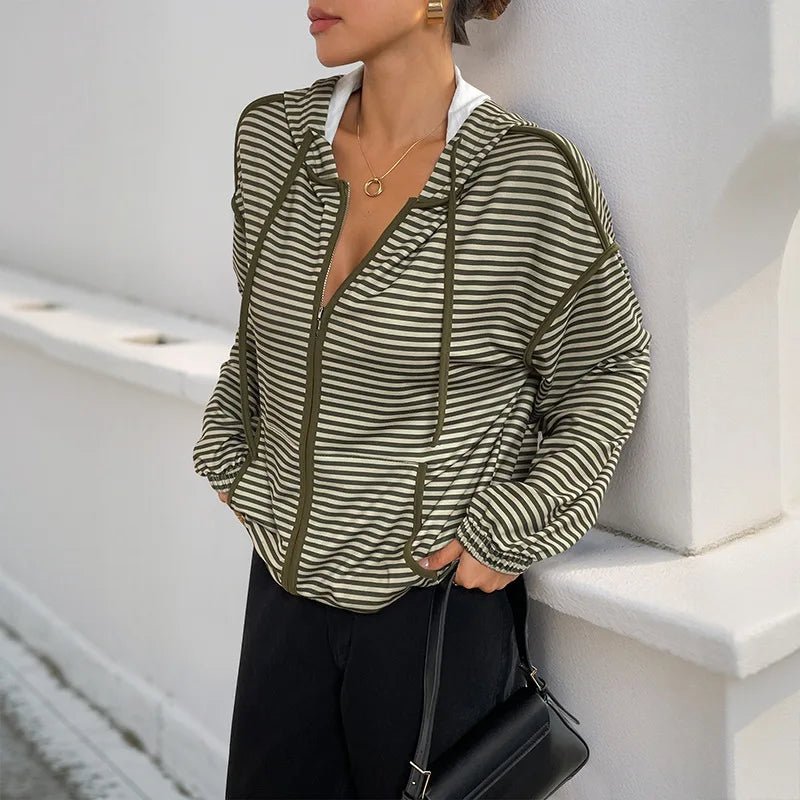 Autumn Commuting Dating Korean Style Lazy Hooded Striped Batwing Sleeve Women's Casual Jacket - Zeprah
