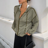 Autumn Commuting Dating Korean Style Lazy Hooded Striped Batwing Sleeve Women's Casual Jacket - Zeprah