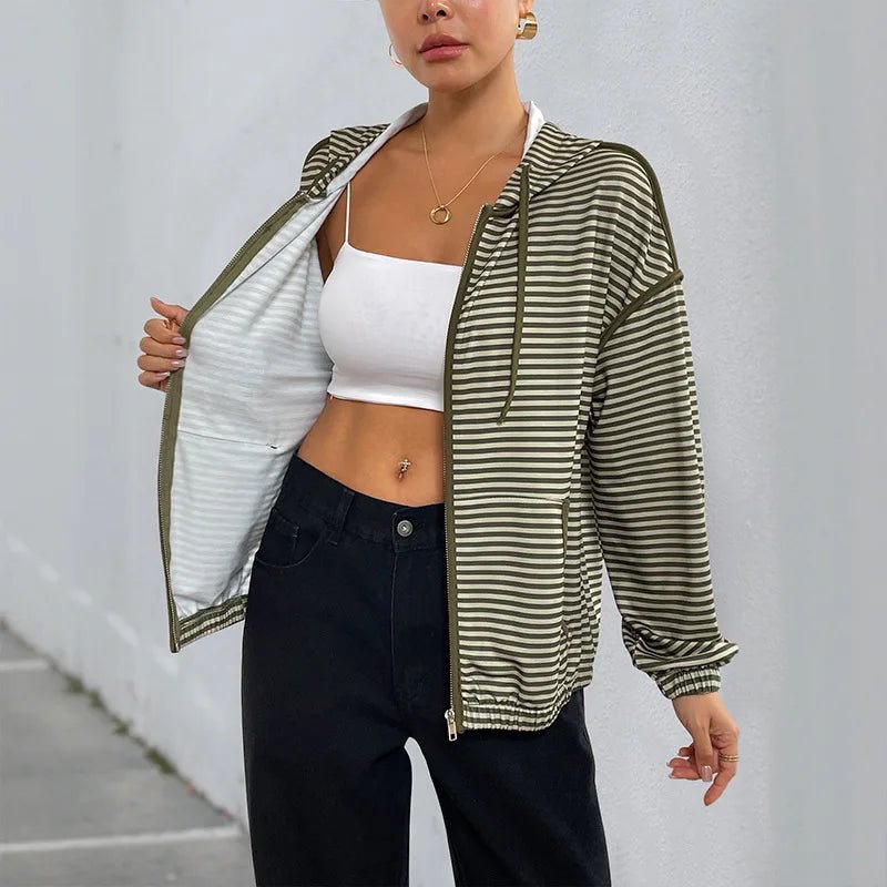 Autumn Commuting Dating Korean Style Lazy Hooded Striped Batwing Sleeve Women's Casual Jacket - Zeprah