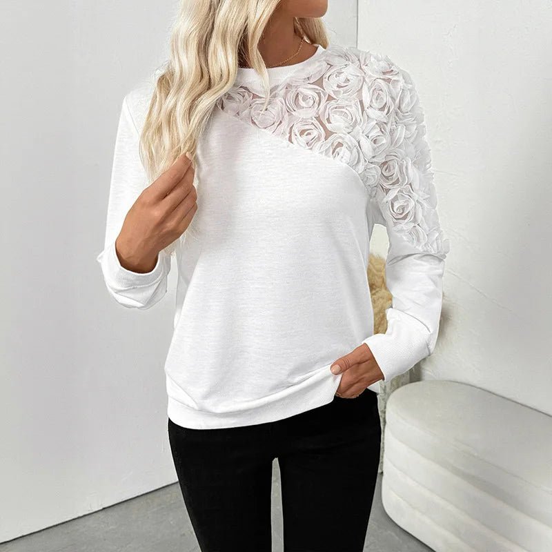 Autumn Cute Elegant Rose 3D Flower Decorated Long Sleeve Solid Color Loose Fit Sweatshirt - Zeprah