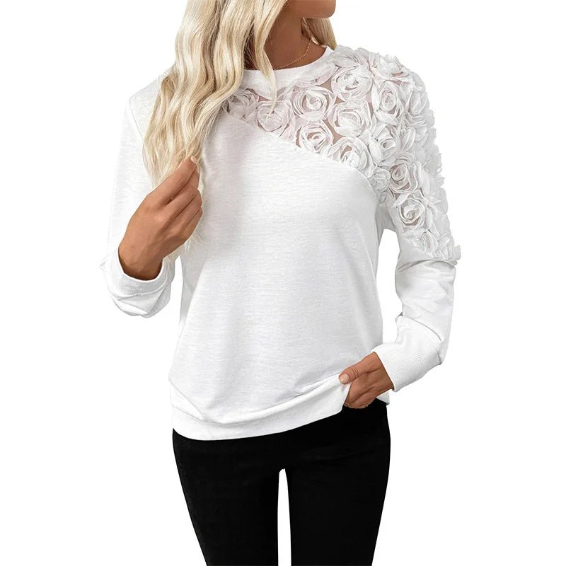 Autumn Cute Elegant Rose 3D Flower Decorated Long Sleeve Solid Color Loose Fit Sweatshirt - Zeprah