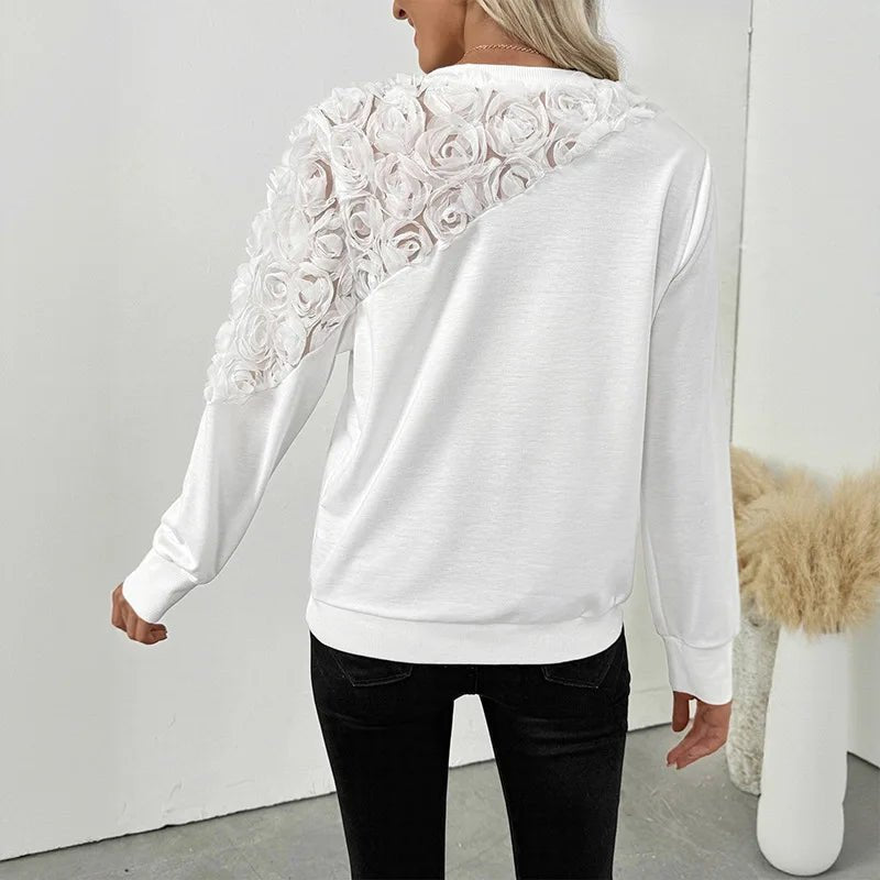 Autumn Cute Elegant Rose 3D Flower Decorated Long Sleeve Solid Color Loose Fit Sweatshirt - Zeprah