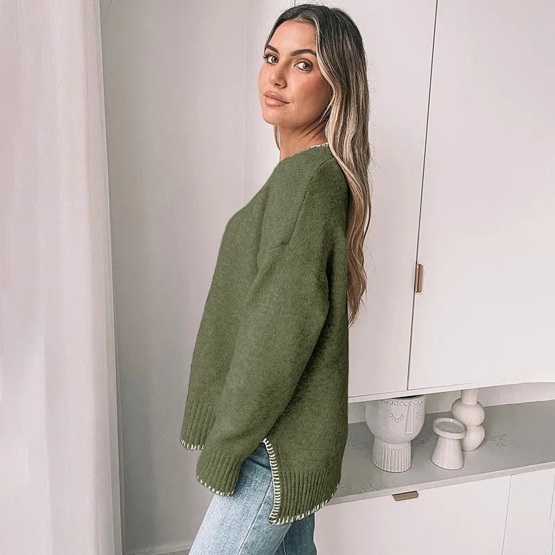Autumn European American Hot Selling Thick Solid Color Minimalist Round Neck Knitted Long Sleeve Sweater Women - Zeprah