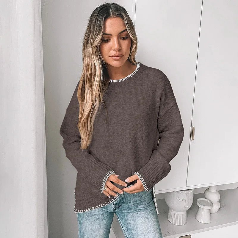 Autumn European American Hot Selling Thick Solid Color Minimalist Round Neck Knitted Long Sleeve Sweater Women - Zeprah