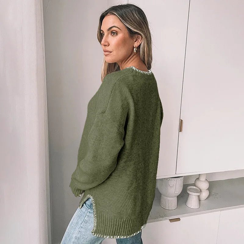 Autumn European American Hot Selling Thick Solid Color Minimalist Round Neck Knitted Long Sleeve Sweater Women - Zeprah