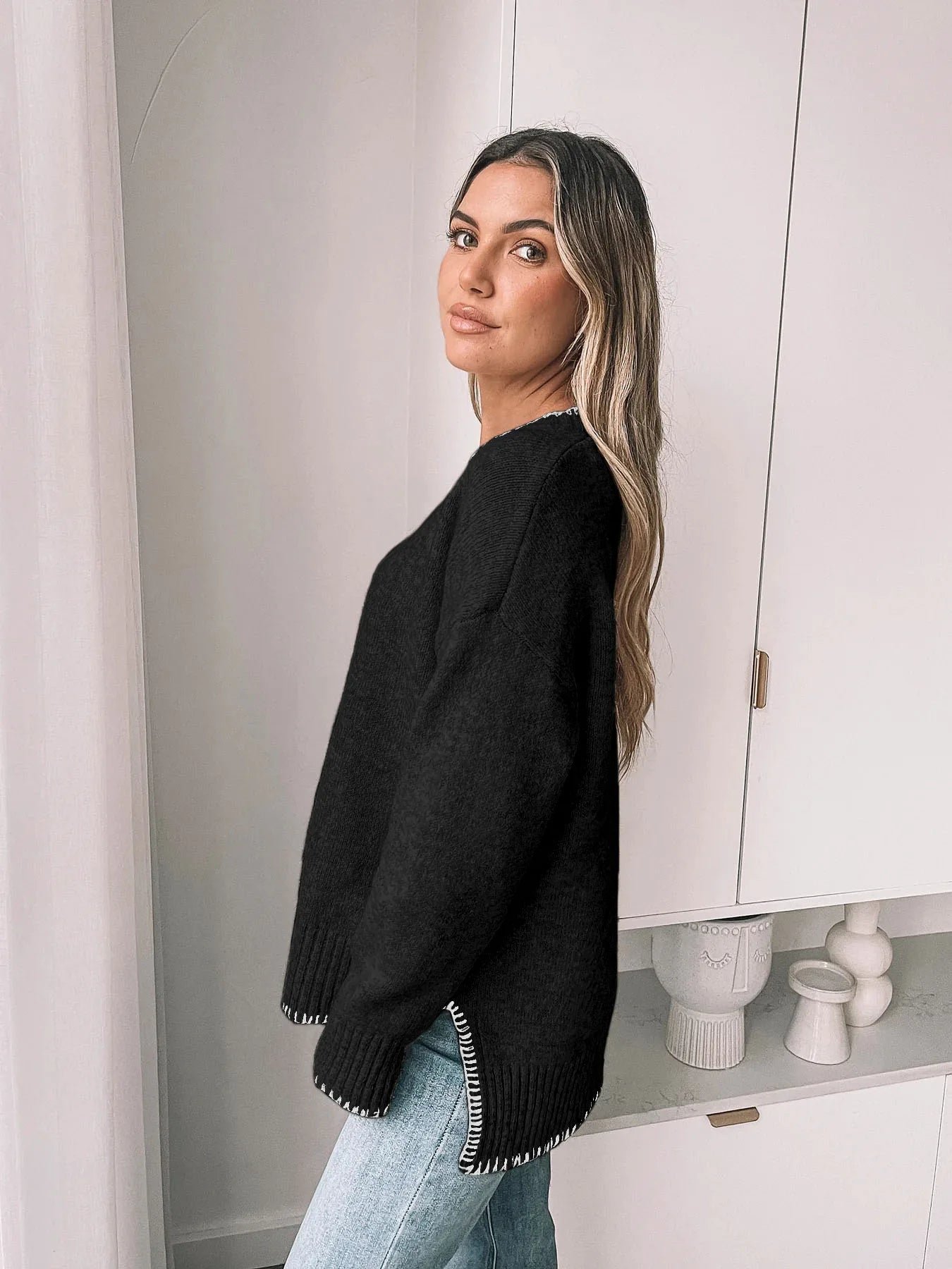 Autumn European American Hot Selling Thick Solid Color Minimalist Round Neck Knitted Long Sleeve Sweater Women - Zeprah