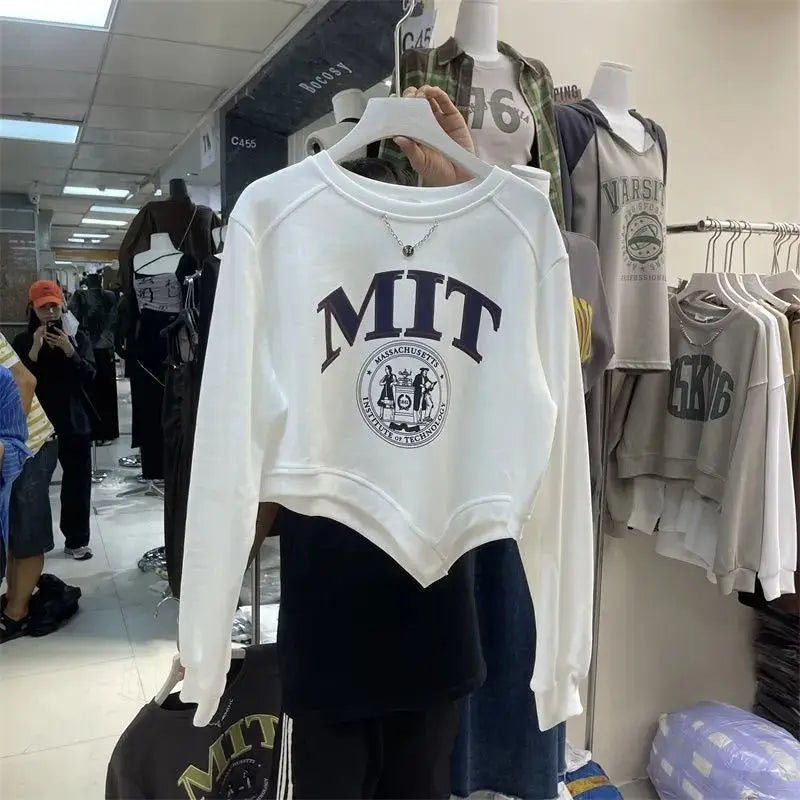 Autumn Irregular Design Women's Long Sleeve Top Letter Printing Age - reducing Slim Short T-shirt - Zeprah