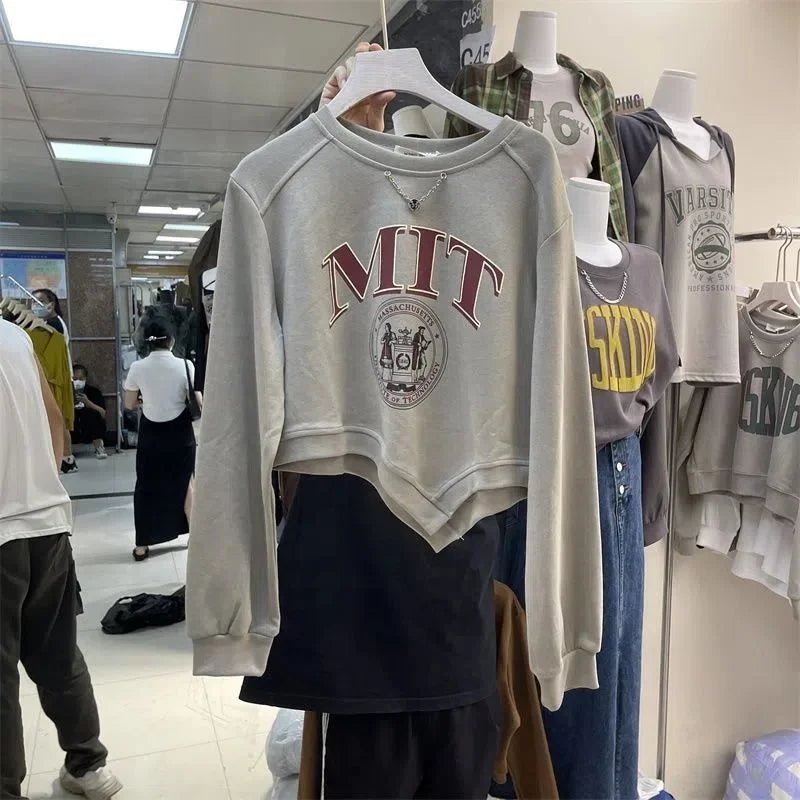 Autumn Irregular Design Women's Long Sleeve Top Letter Printing Age - reducing Slim Short T-shirt - Zeprah