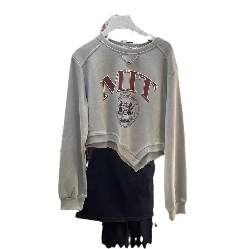 Autumn Irregular Design Women's Long Sleeve Top Letter Printing Age - reducing Slim Short T-shirt - Zeprah