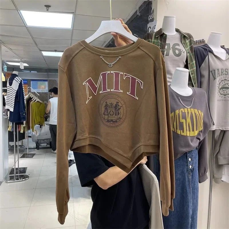 Autumn Irregular Design Women's Long Sleeve Top Letter Printing Age - reducing Slim Short T-shirt - Zeprah