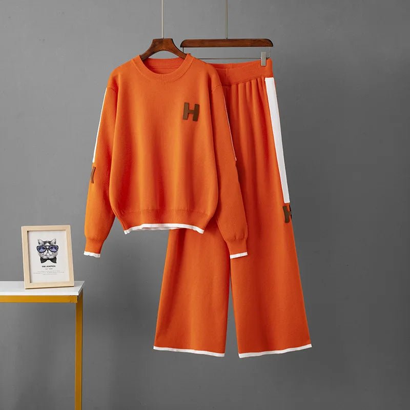 Autumn New Casual Fashion Set Round Neck Top + Wide Leg Pants Two - Piece Knitted Set for Women - Zeprah