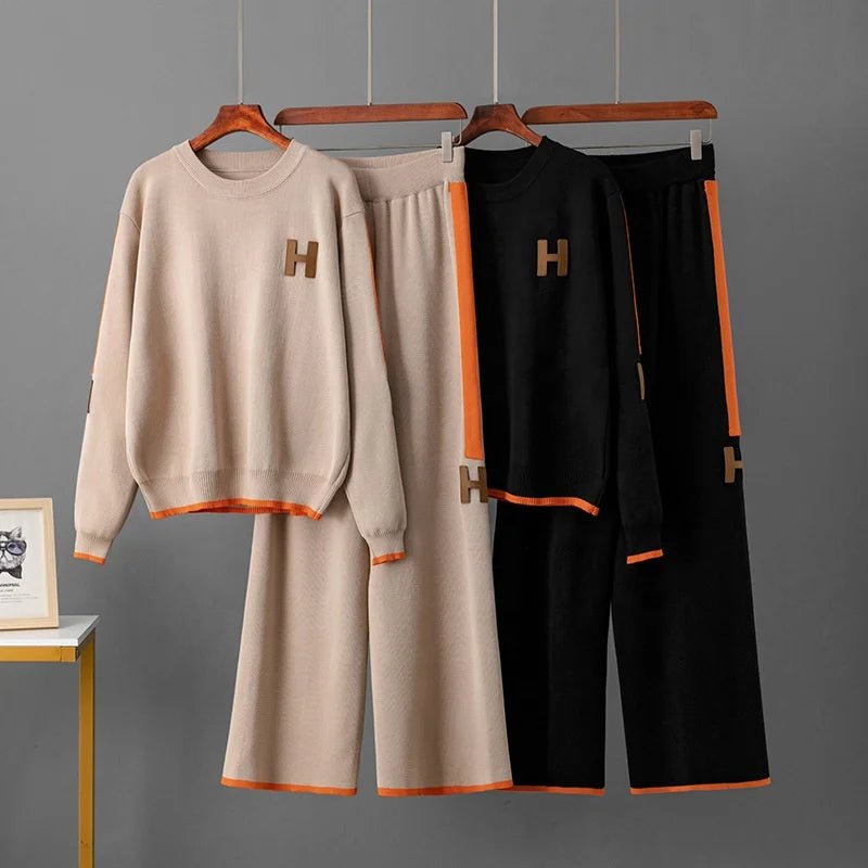 Autumn New Casual Fashion Set Round Neck Top + Wide Leg Pants Two - Piece Knitted Set for Women - Zeprah