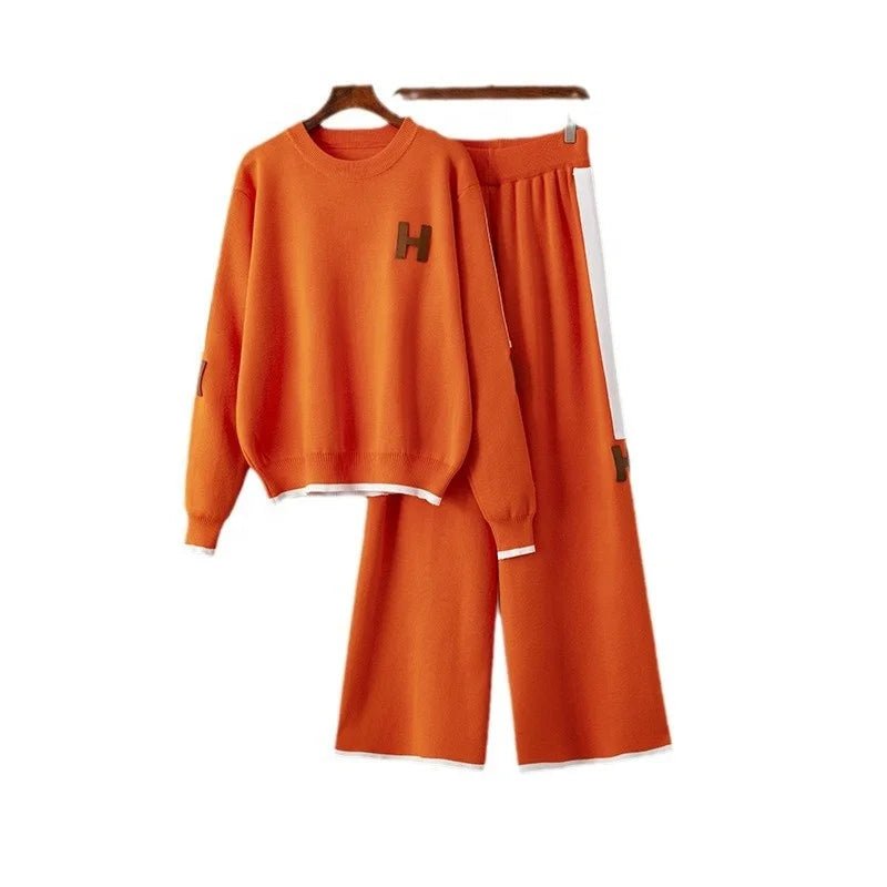 Autumn New Casual Fashion Set Round Neck Top + Wide Leg Pants Two - Piece Knitted Set for Women - Zeprah