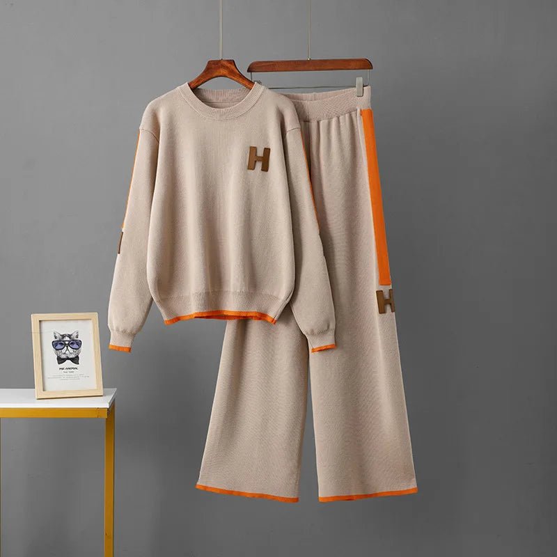 Autumn New Casual Fashion Set Round Neck Top + Wide Leg Pants Two - Piece Knitted Set for Women - Zeprah