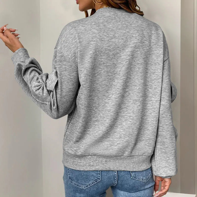 Autumn Sweet Casual Personalized Bow Tie Splicing Gray Regular Sleeve Neck Women - Zeprah